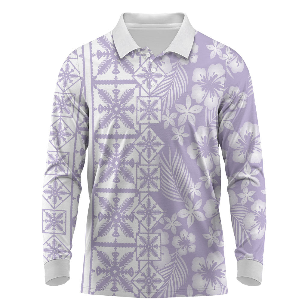 Pastel Purple Kahili Quilt Hawaii Long Sleeve Polo Shirt Tropical Flower Seamless Half Style LT14 Purple - Polynesian Pride