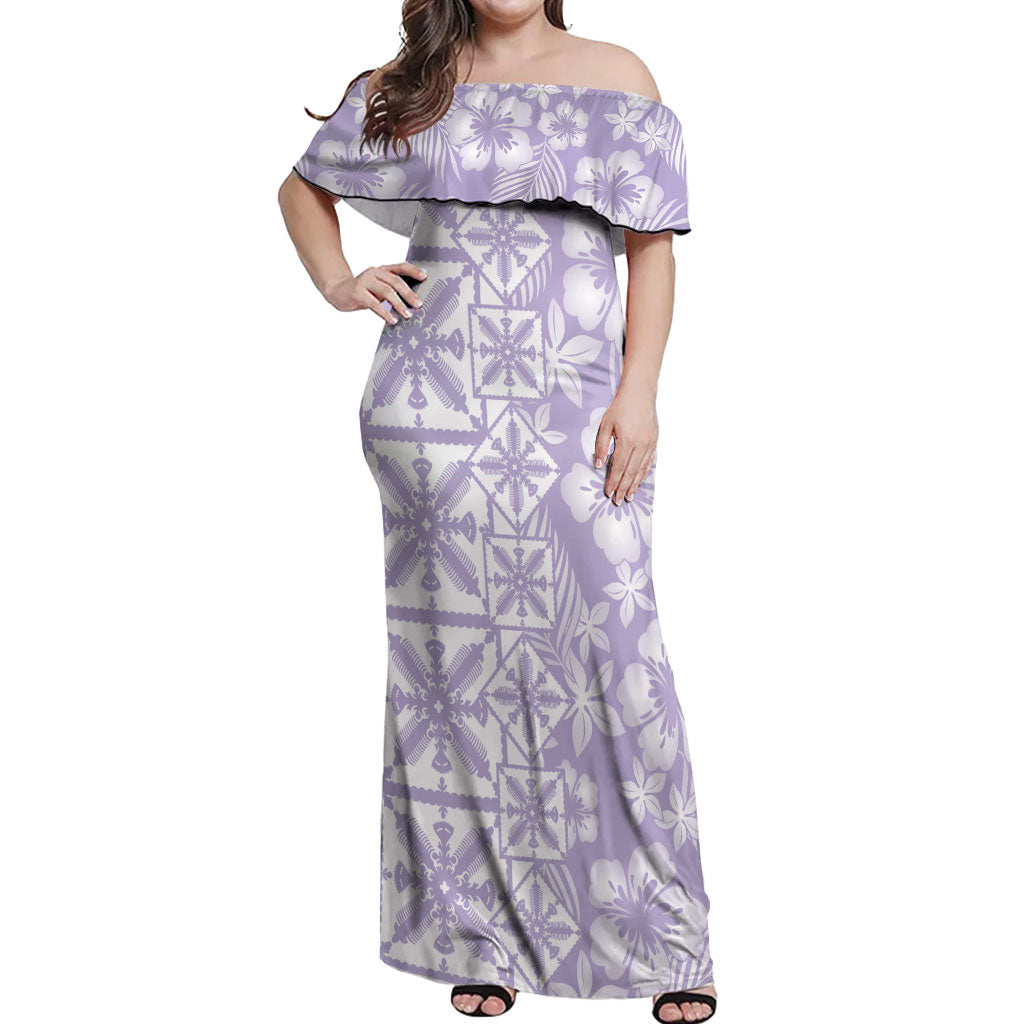 Pastel Purple Kahili Quilt Hawaii Off Shoulder Maxi Dress Tropical Flower Seamless Half Style