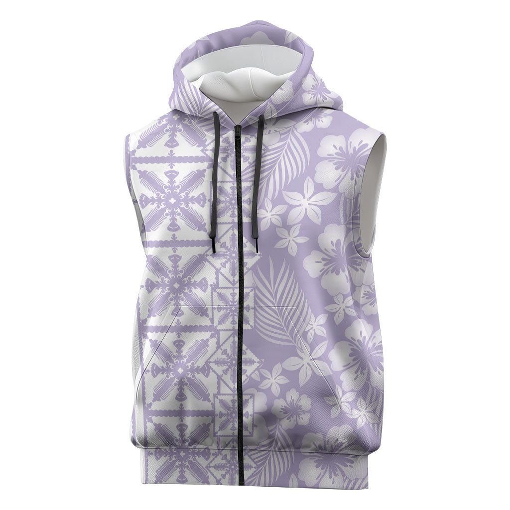 Pastel Purple Kahili Quilt Hawaii Sleeveless Zip Hoodie Tropical Flower Seamless Half Style LT14 Purple - Polynesian Pride
