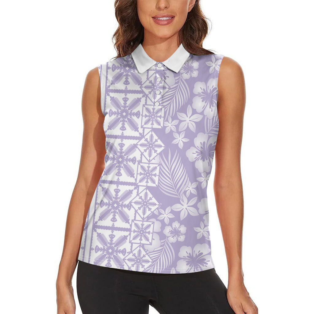 Pastel Purple Kahili Quilt Hawaii Women Sleeveless Polo Shirt Tropical Flower Seamless Half Style