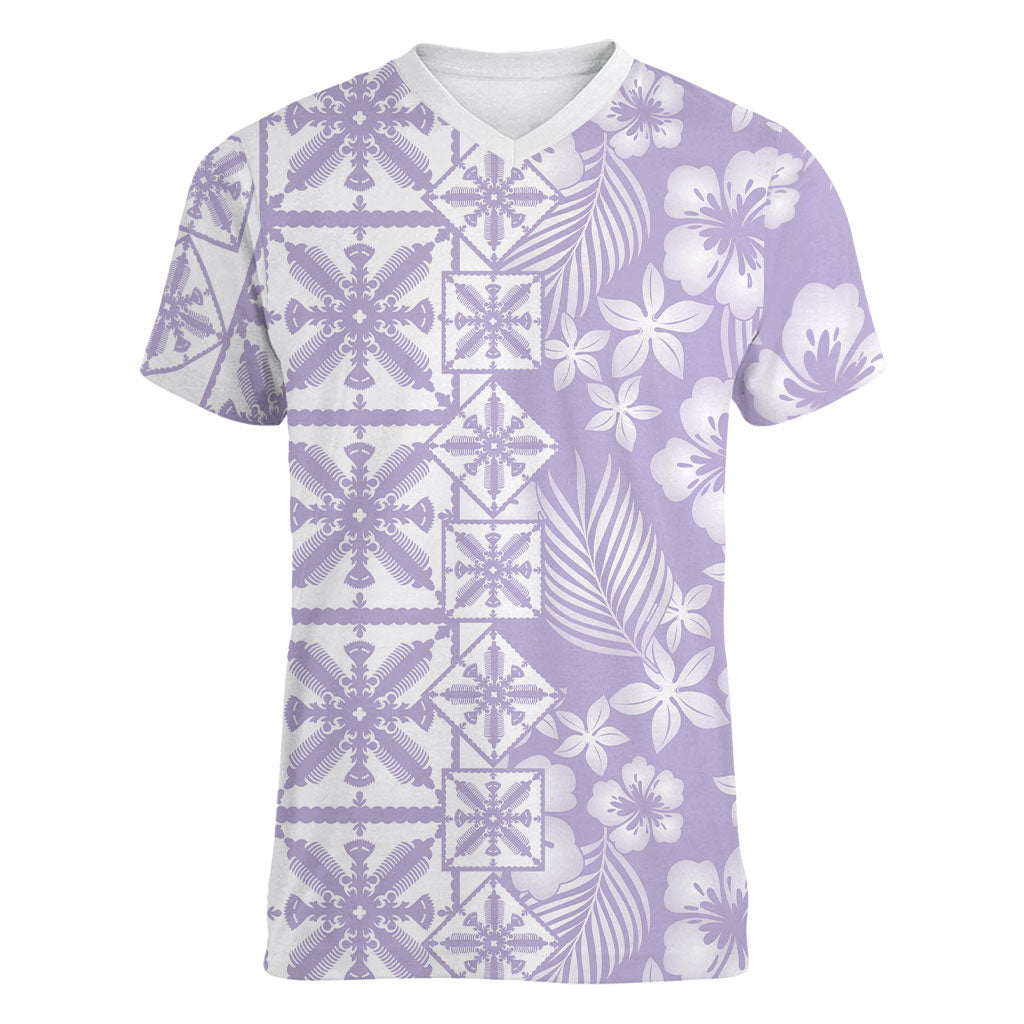 Pastel Purple Kahili Quilt Hawaii Women V-Neck T-Shirt Tropical Flower Seamless Half Style LT14 Female Purple - Polynesian Pride