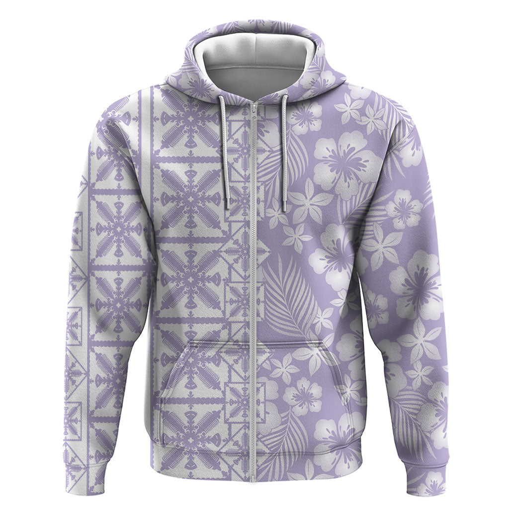 Pastel Purple Kahili Quilt Hawaii Zip Hoodie Tropical Flower Seamless Half Style