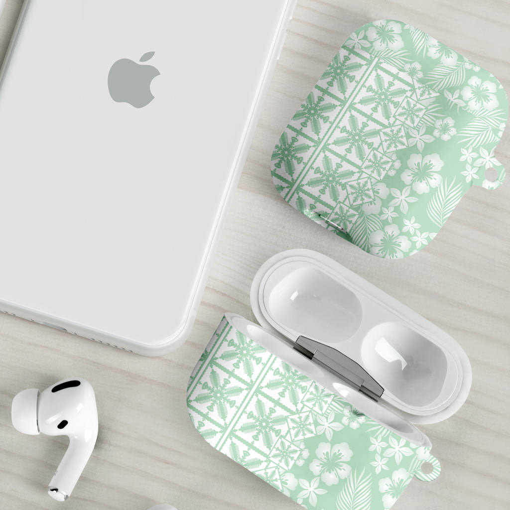 Pastel Green Kahili Quilt Hawaii AirPods Case Tropical Flower Seamless Half Style