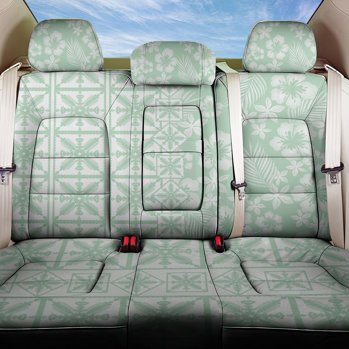 Pastel Green Kahili Quilt Hawaii Back Car Seat Cover Tropical Flower Seamless Half Style