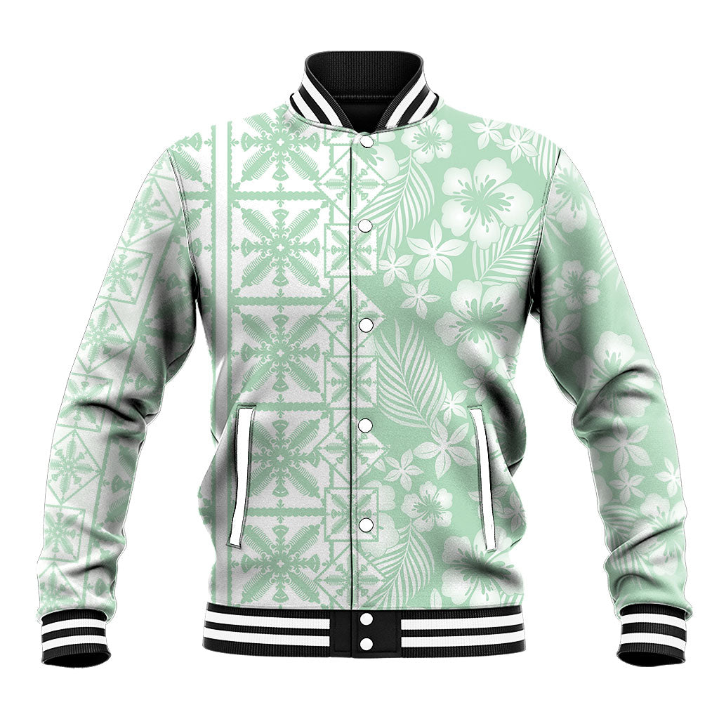 Pastel Green Kahili Quilt Hawaii Baseball Jacket Tropical Flower Seamless Half Style LT14 Unisex Green - Polynesian Pride