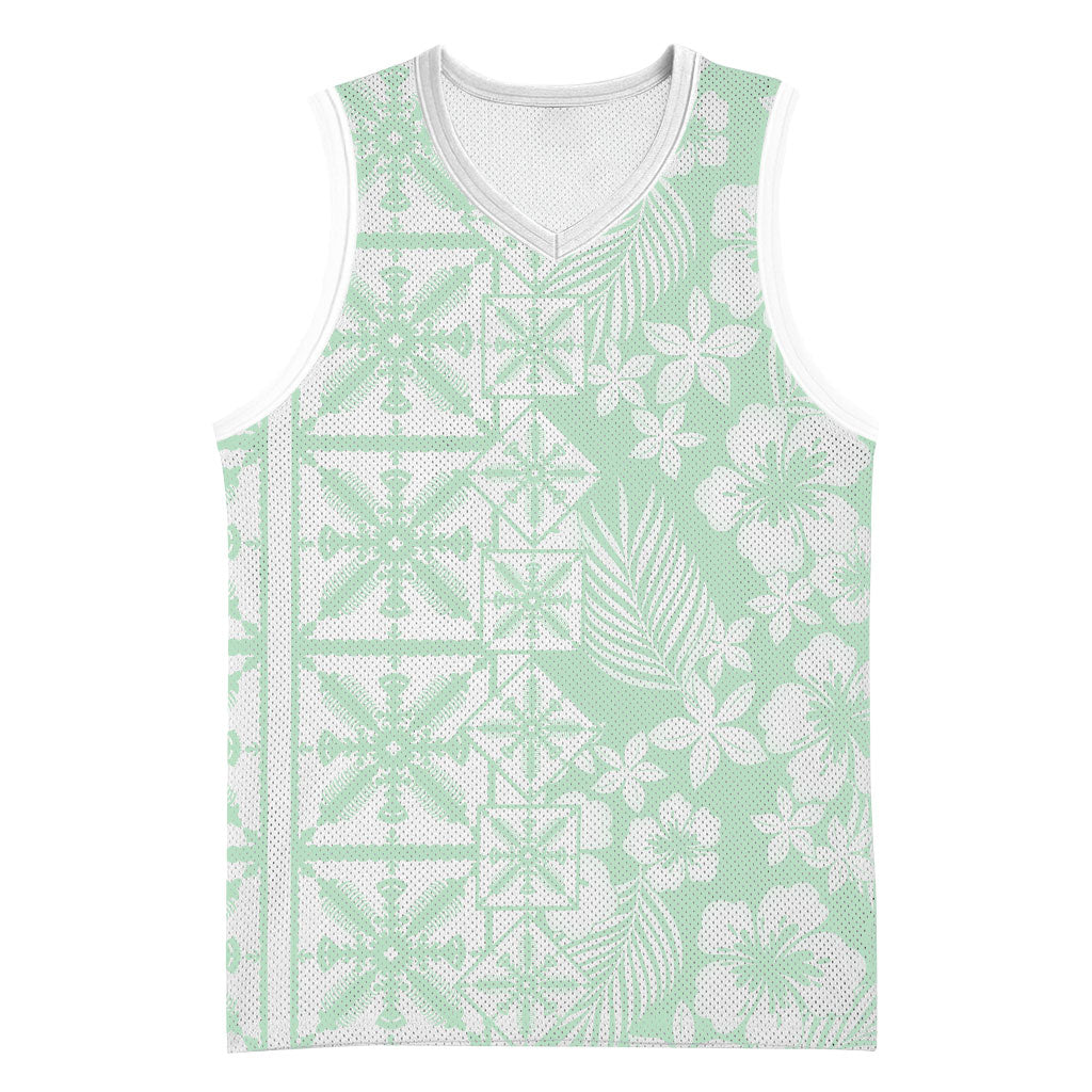 Pastel Green Kahili Quilt Hawaii Basketball Jersey Tropical Flower Seamless Half Style LT14 Unisex Green - Polynesian Pride