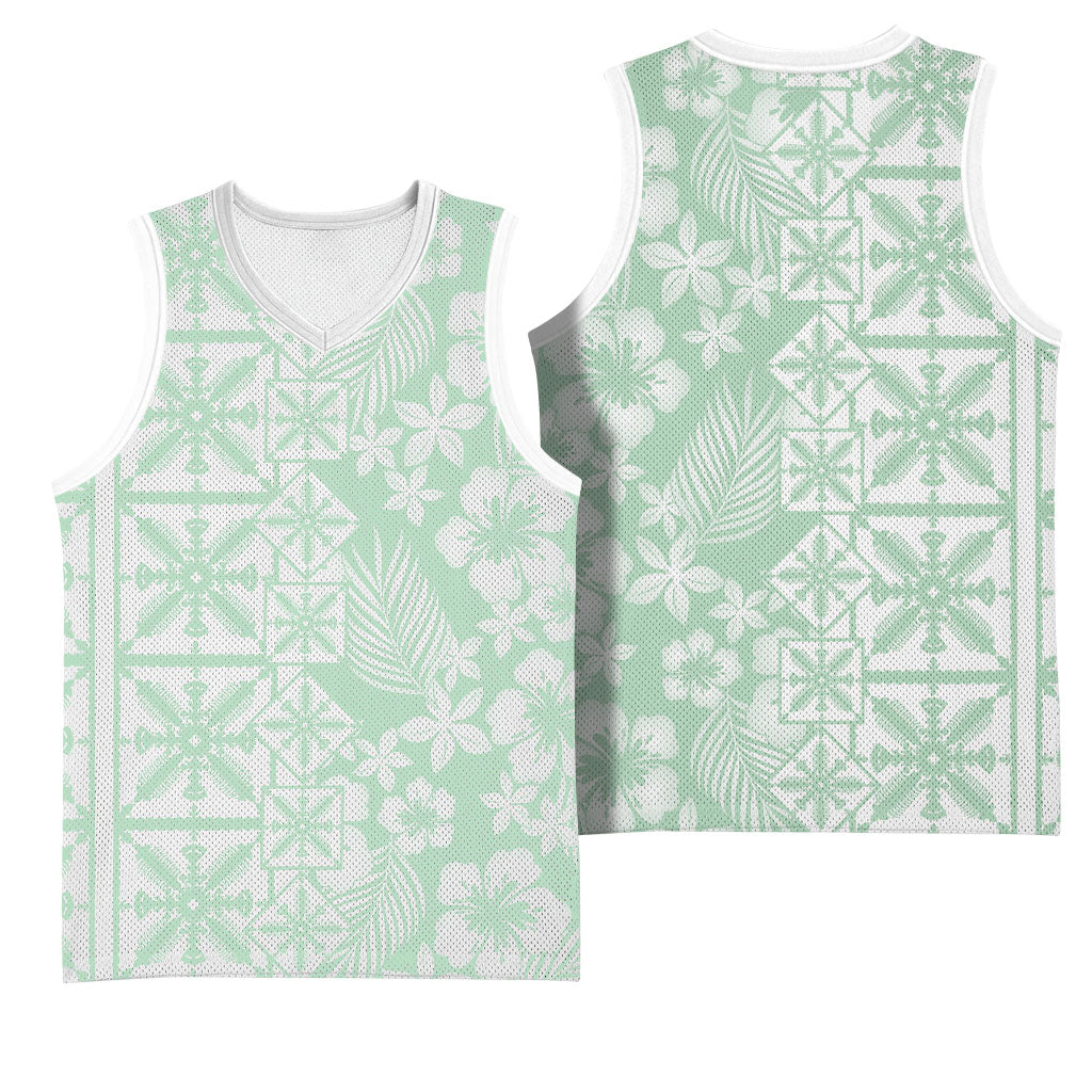 Pastel Green Kahili Quilt Hawaii Basketball Jersey Tropical Flower Seamless Half Style