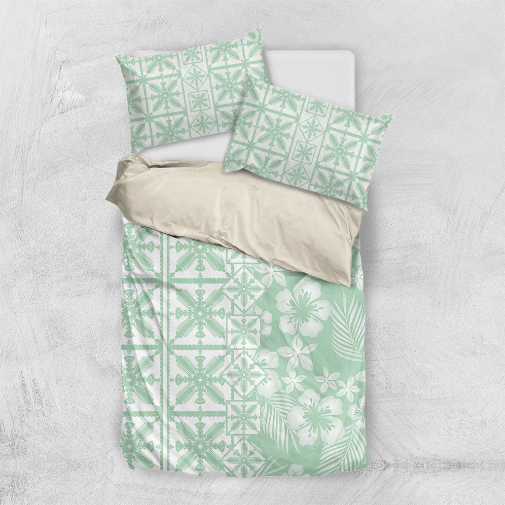Pastel Green Kahili Quilt Hawaii Bedding Set Tropical Flower Seamless Half Style
