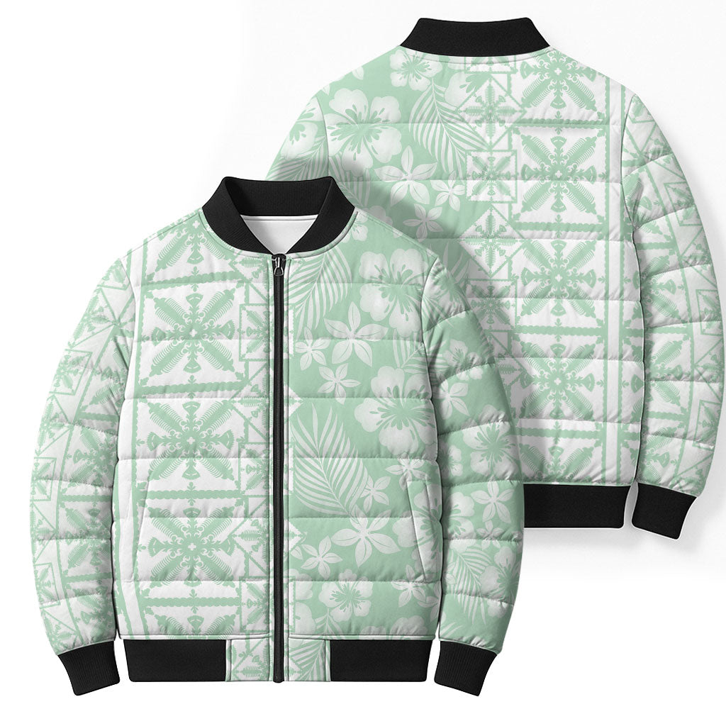 Pastel Green Kahili Quilt Hawaii Bomber Puffer Jacket Tropical Flower Seamless Half Style