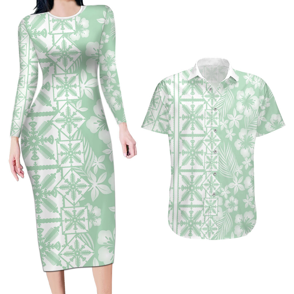 Pastel Green Kahili Quilt Hawaii Couples Matching Long Sleeve Bodycon Dress and Hawaiian Shirt Tropical Flower Seamless Half Style