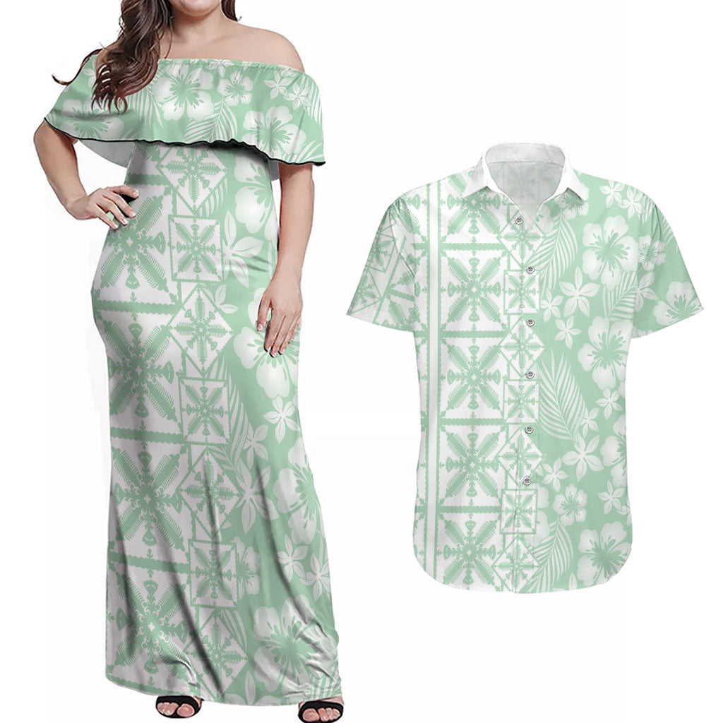 Pastel Green Kahili Quilt Hawaii Couples Matching Off Shoulder Maxi Dress and Hawaiian Shirt Tropical Flower Seamless Half Style LT14 Green - Polynesian Pride