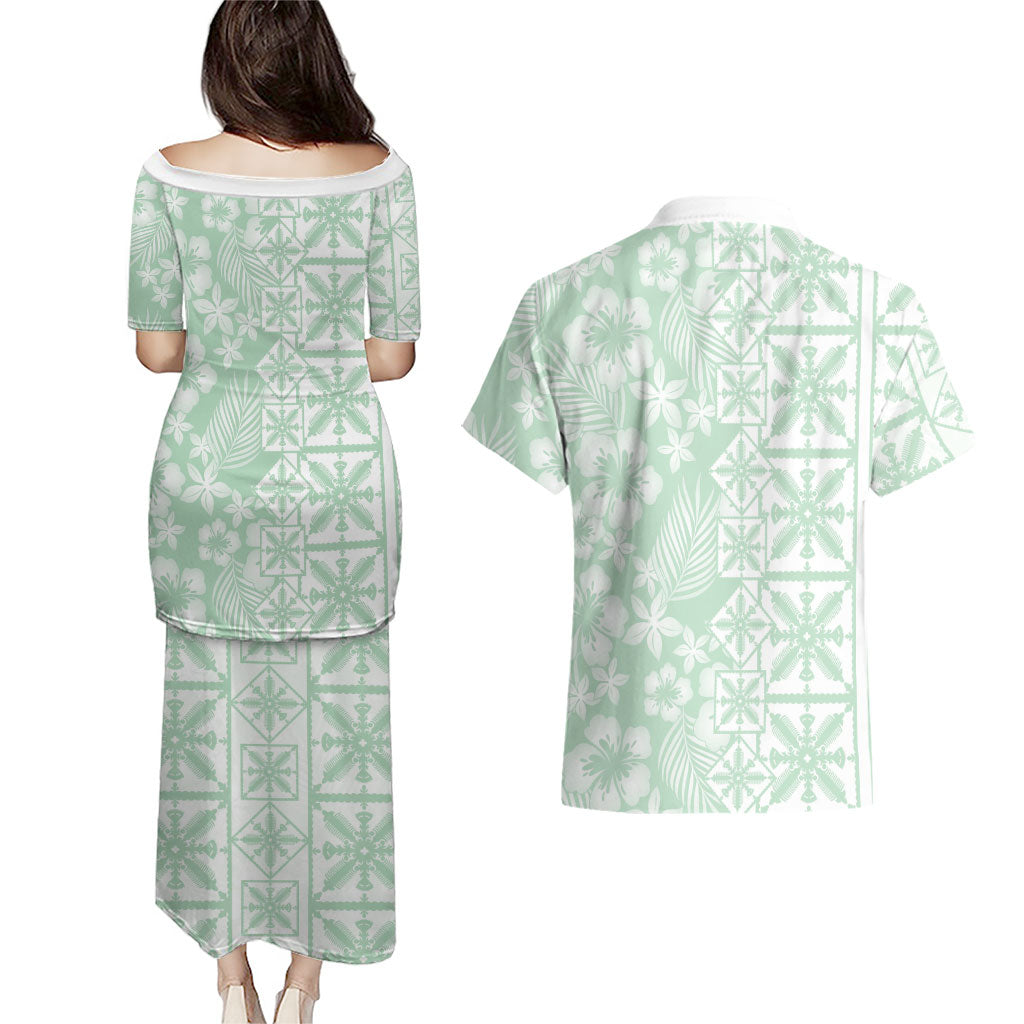 Pastel Green Kahili Quilt Hawaii Couples Matching Puletasi and Hawaiian Shirt Tropical Flower Seamless Half Style