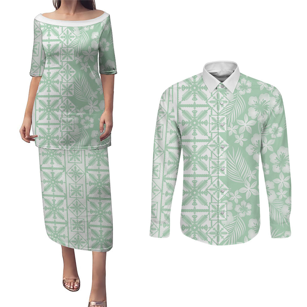 Pastel Green Kahili Quilt Hawaii Couples Matching Puletasi and Long Sleeve Button Shirt Tropical Flower Seamless Half Style LT14 Green - Polynesian Pride