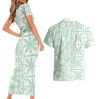 Pastel Green Kahili Quilt Hawaii Couples Matching Short Sleeve Bodycon Dress and Hawaiian Shirt Tropical Flower Seamless Half Style
