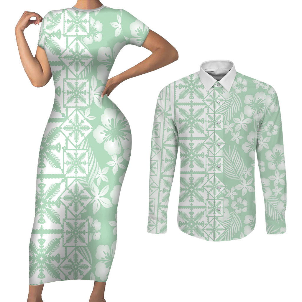 Pastel Green Kahili Quilt Hawaii Couples Matching Short Sleeve Bodycon Dress and Long Sleeve Button Shirt Tropical Flower Seamless Half Style