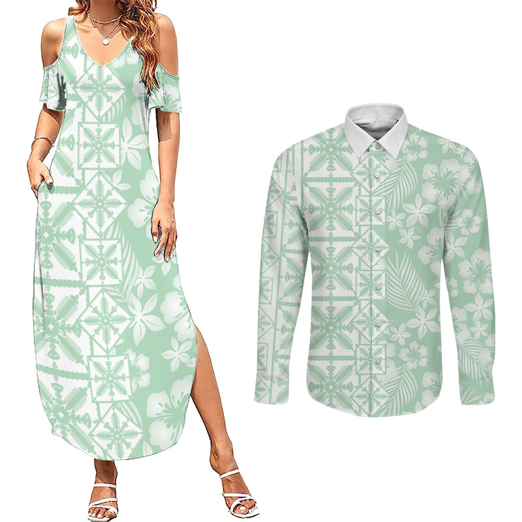 Pastel Green Kahili Quilt Hawaii Couples Matching Summer Maxi Dress and Long Sleeve Button Shirt Tropical Flower Seamless Half Style