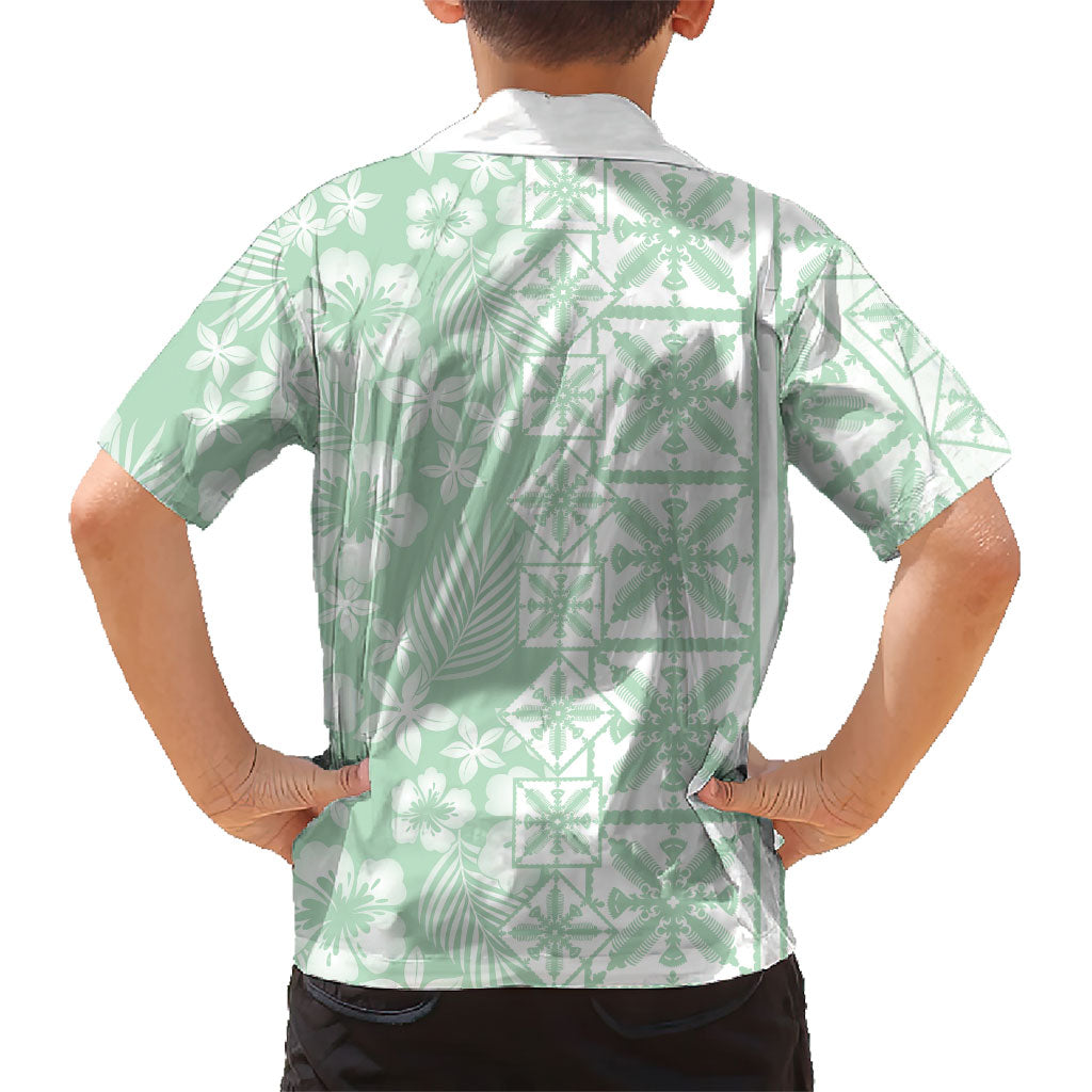 Pastel Green Kahili Quilt Hawaii Family Matching Long Sleeve Bodycon Dress and Hawaiian Shirt Tropical Flower Seamless Half Style