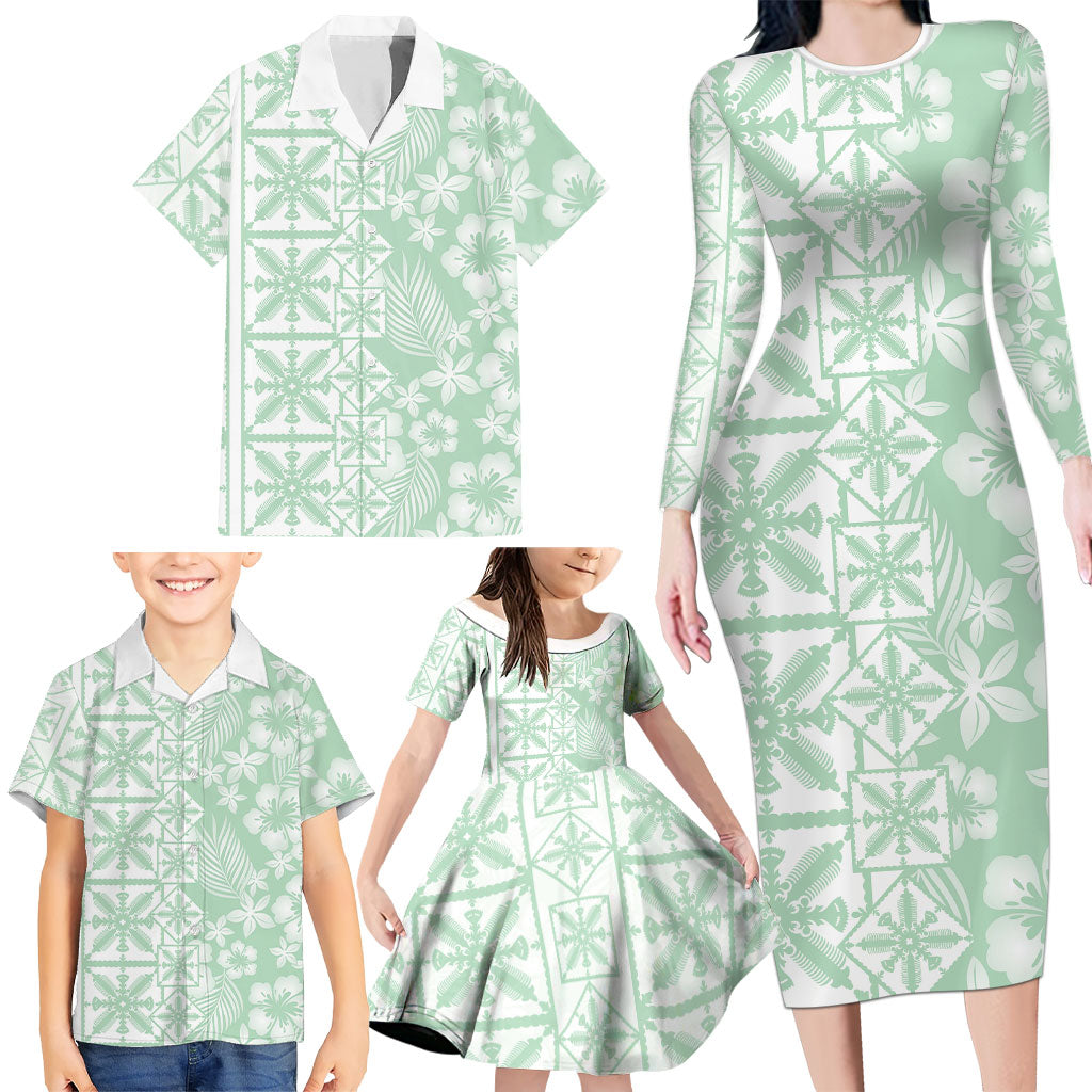 Pastel Green Kahili Quilt Hawaii Family Matching Long Sleeve Bodycon Dress and Hawaiian Shirt Tropical Flower Seamless Half Style