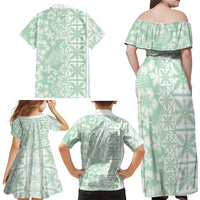 Pastel Green Kahili Quilt Hawaii Family Matching Off Shoulder Maxi Dress and Hawaiian Shirt Tropical Flower Seamless Half Style