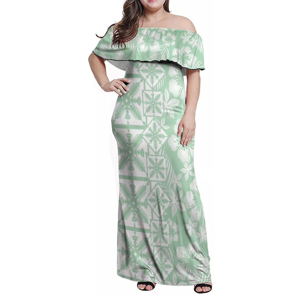 Pastel Green Kahili Quilt Hawaii Family Matching Off Shoulder Maxi Dress and Hawaiian Shirt Tropical Flower Seamless Half Style