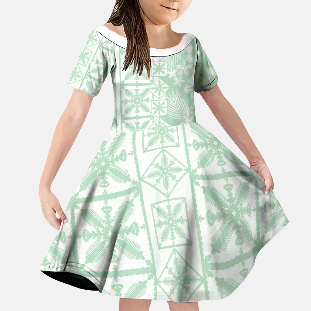 Pastel Green Kahili Quilt Hawaii Family Matching Off Shoulder Short Dress and Hawaiian Shirt Tropical Flower Seamless Half Style