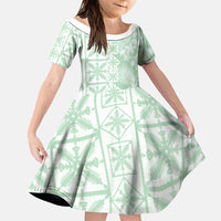 Pastel Green Kahili Quilt Hawaii Family Matching Off Shoulder Short Dress and Hawaiian Shirt Tropical Flower Seamless Half Style