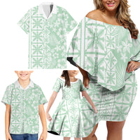Pastel Green Kahili Quilt Hawaii Family Matching Off Shoulder Short Dress and Hawaiian Shirt Tropical Flower Seamless Half Style