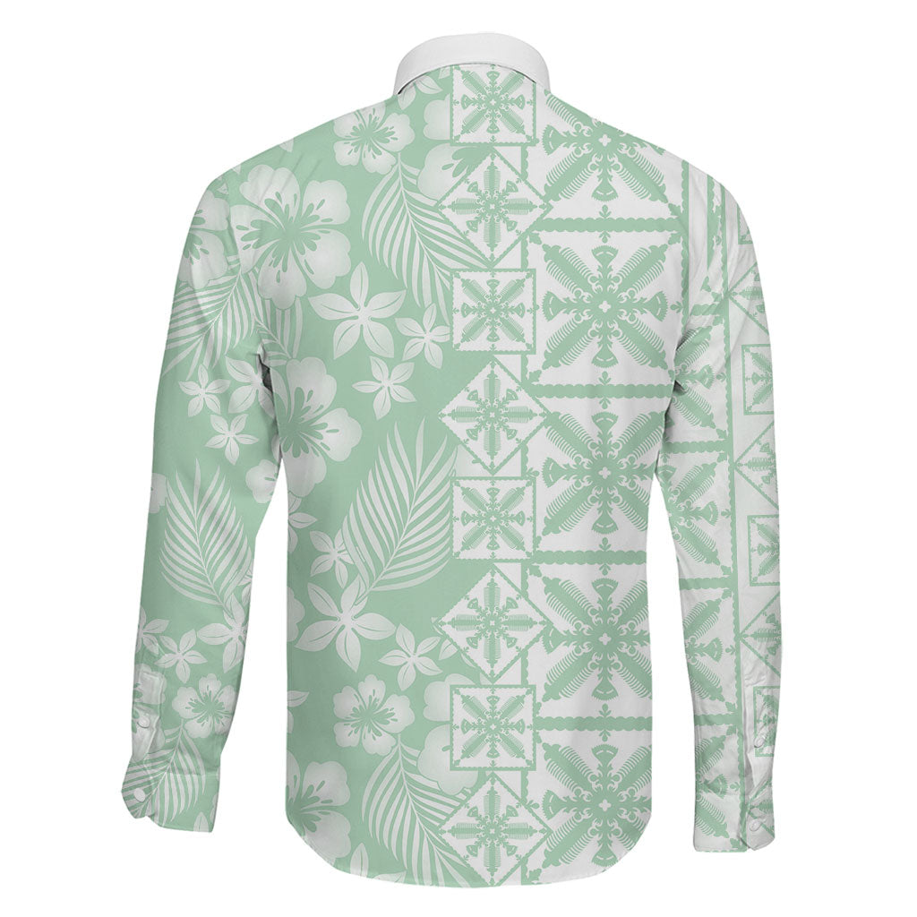 Pastel Green Kahili Quilt Hawaii Family Matching Off Shoulder Short Dress and Hawaiian Shirt Tropical Flower Seamless Half Style