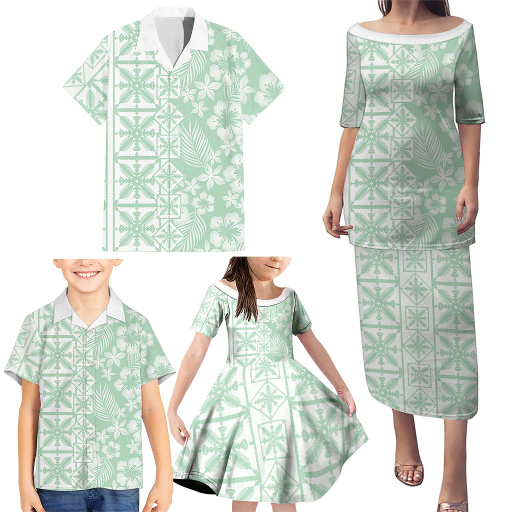 Pastel Green Kahili Quilt Hawaii Family Matching Puletasi and Hawaiian Shirt Tropical Flower Seamless Half Style