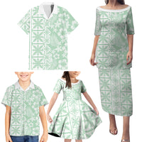 Pastel Green Kahili Quilt Hawaii Family Matching Puletasi and Hawaiian Shirt Tropical Flower Seamless Half Style