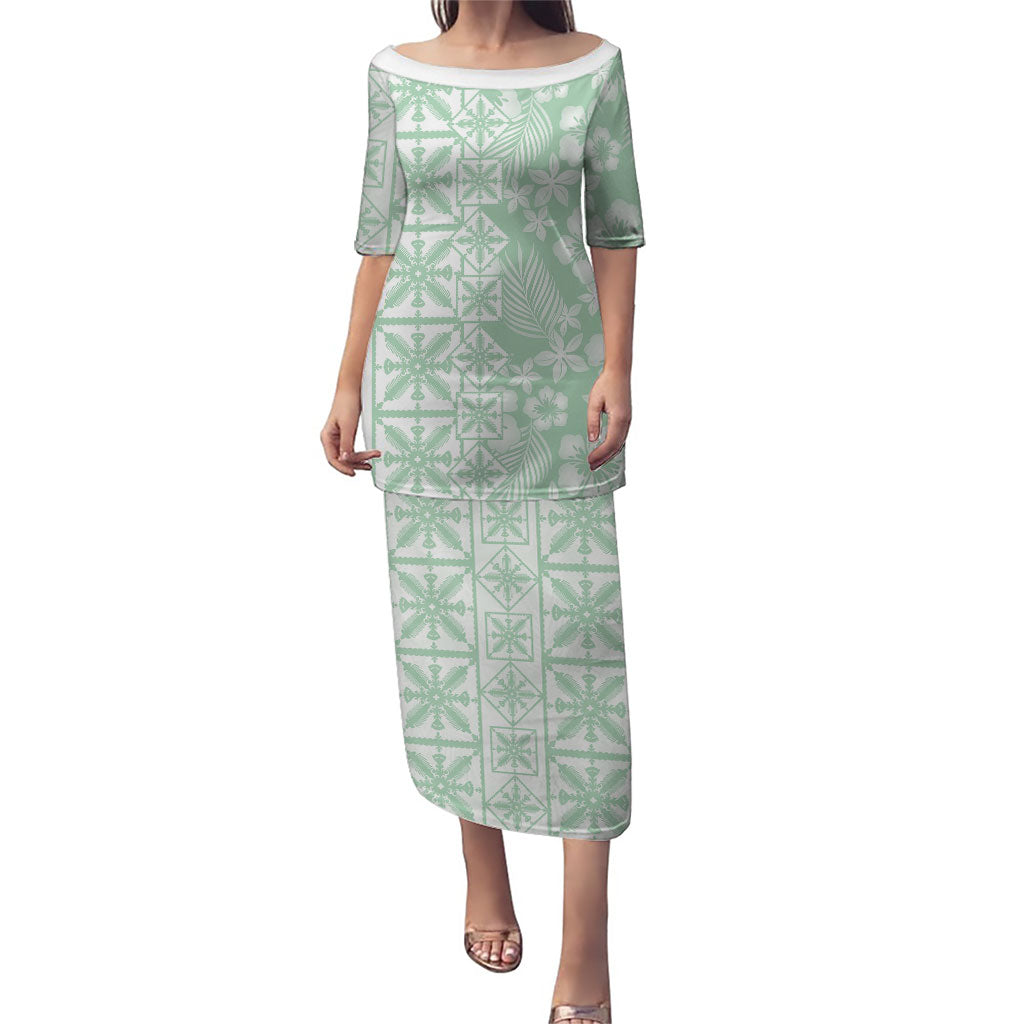 Pastel Green Kahili Quilt Hawaii Family Matching Puletasi and Hawaiian Shirt Tropical Flower Seamless Half Style