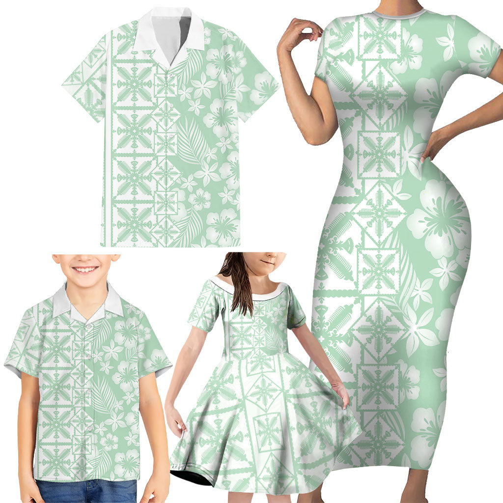 Pastel Green Kahili Quilt Hawaii Family Matching Short Sleeve Bodycon Dress and Hawaiian Shirt Tropical Flower Seamless Half Style