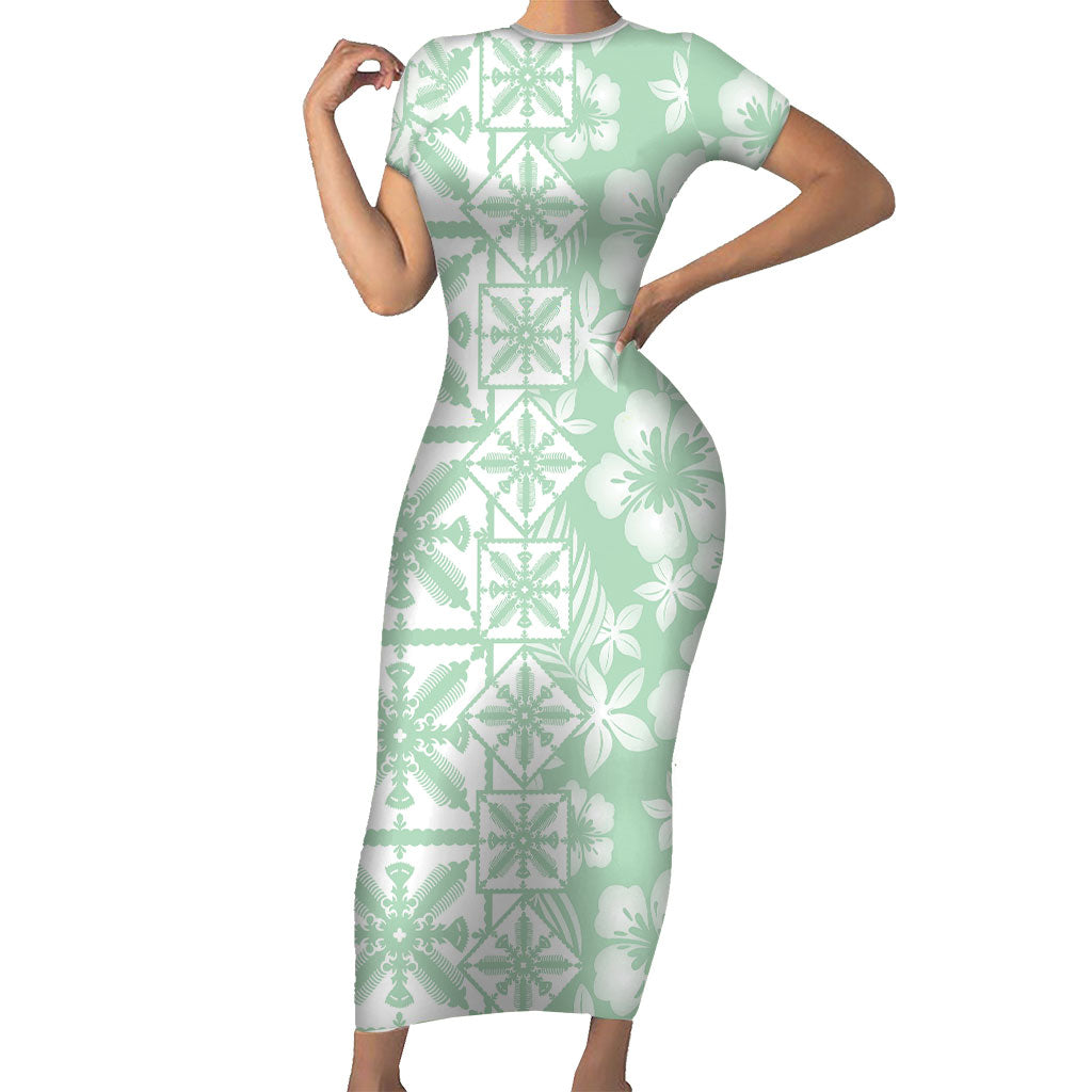Pastel Green Kahili Quilt Hawaii Family Matching Short Sleeve Bodycon Dress and Hawaiian Shirt Tropical Flower Seamless Half Style