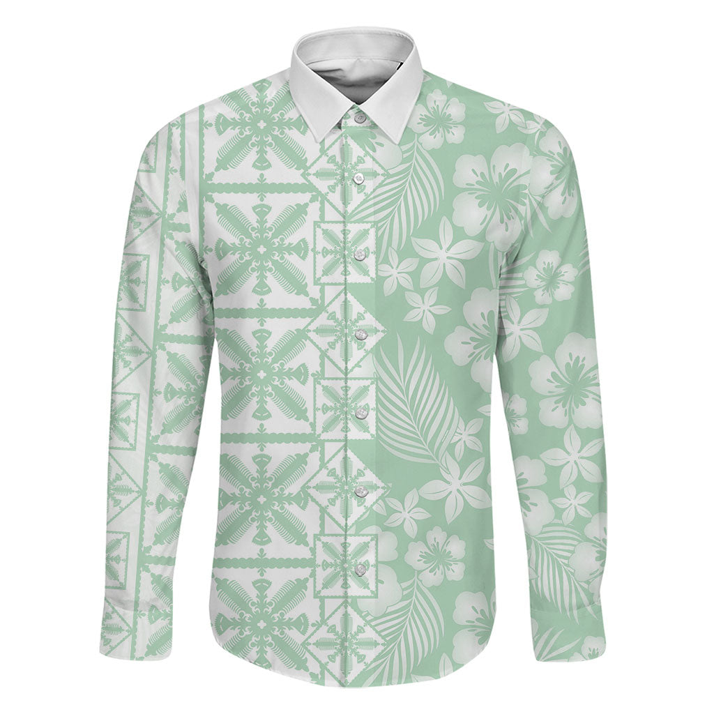 Pastel Green Kahili Quilt Hawaii Family Matching Summer Maxi Dress and Hawaiian Shirt Tropical Flower Seamless Half Style
