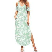 Pastel Green Kahili Quilt Hawaii Family Matching Summer Maxi Dress and Hawaiian Shirt Tropical Flower Seamless Half Style