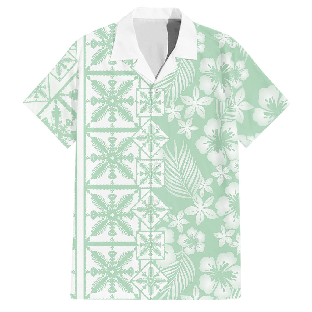 Pastel Green Kahili Quilt Hawaii Family Matching Tank Maxi Dress and Hawaiian Shirt Tropical Flower Seamless Half Style