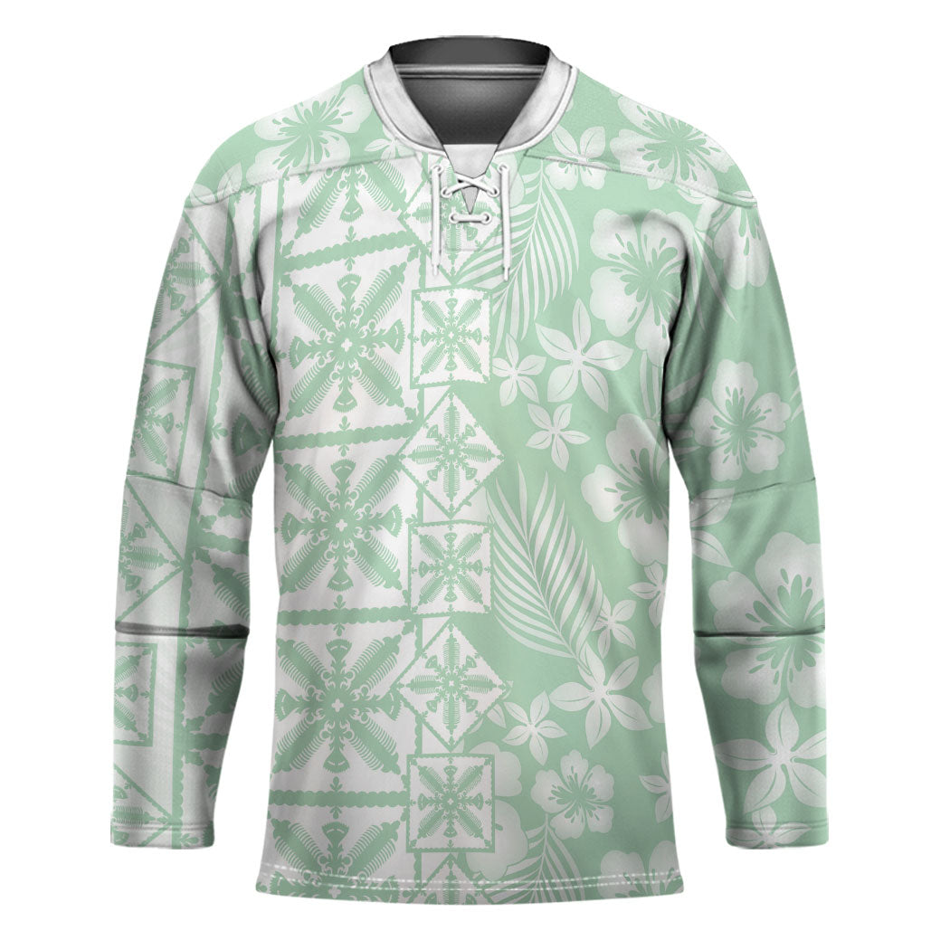 Pastel Green Kahili Quilt Hawaii Hockey Jersey Tropical Flower Seamless Half Style