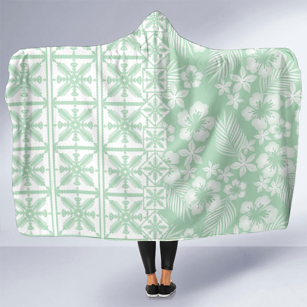 Pastel Green Kahili Quilt Hawaii Hooded Blanket Tropical Flower Seamless Half Style