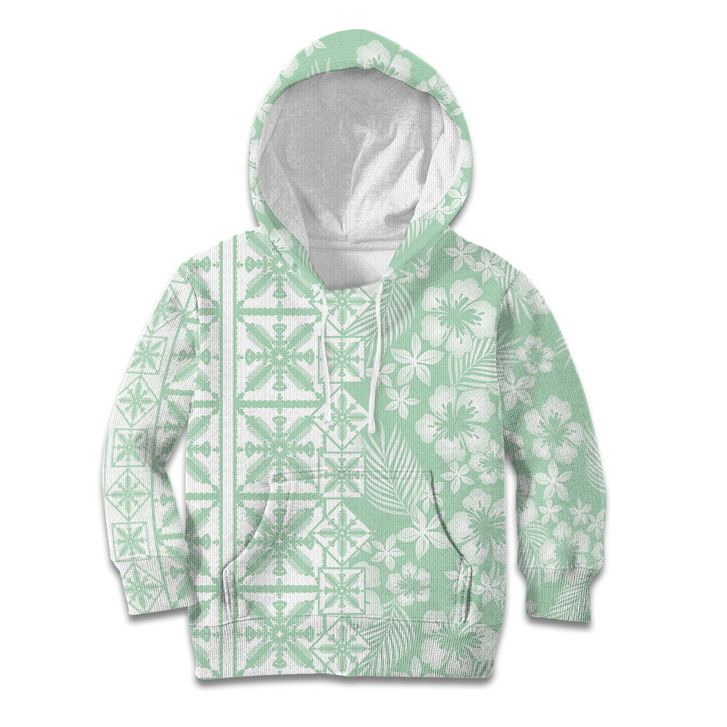 Pastel Green Kahili Quilt Hawaii Kid Hoodie Tropical Flower Seamless Half Style LT14 Hoodie Green - Polynesian Pride