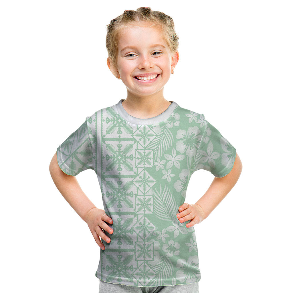 Pastel Green Kahili Quilt Hawaii Kid T Shirt Tropical Flower Seamless Half Style LT14 Green - Polynesian Pride