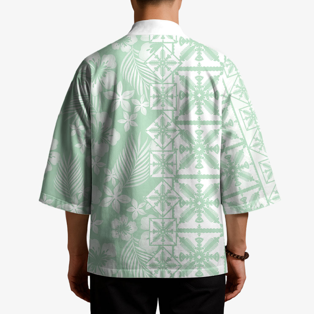 Pastel Green Kahili Quilt Hawaii Kimono Tropical Flower Seamless Half Style