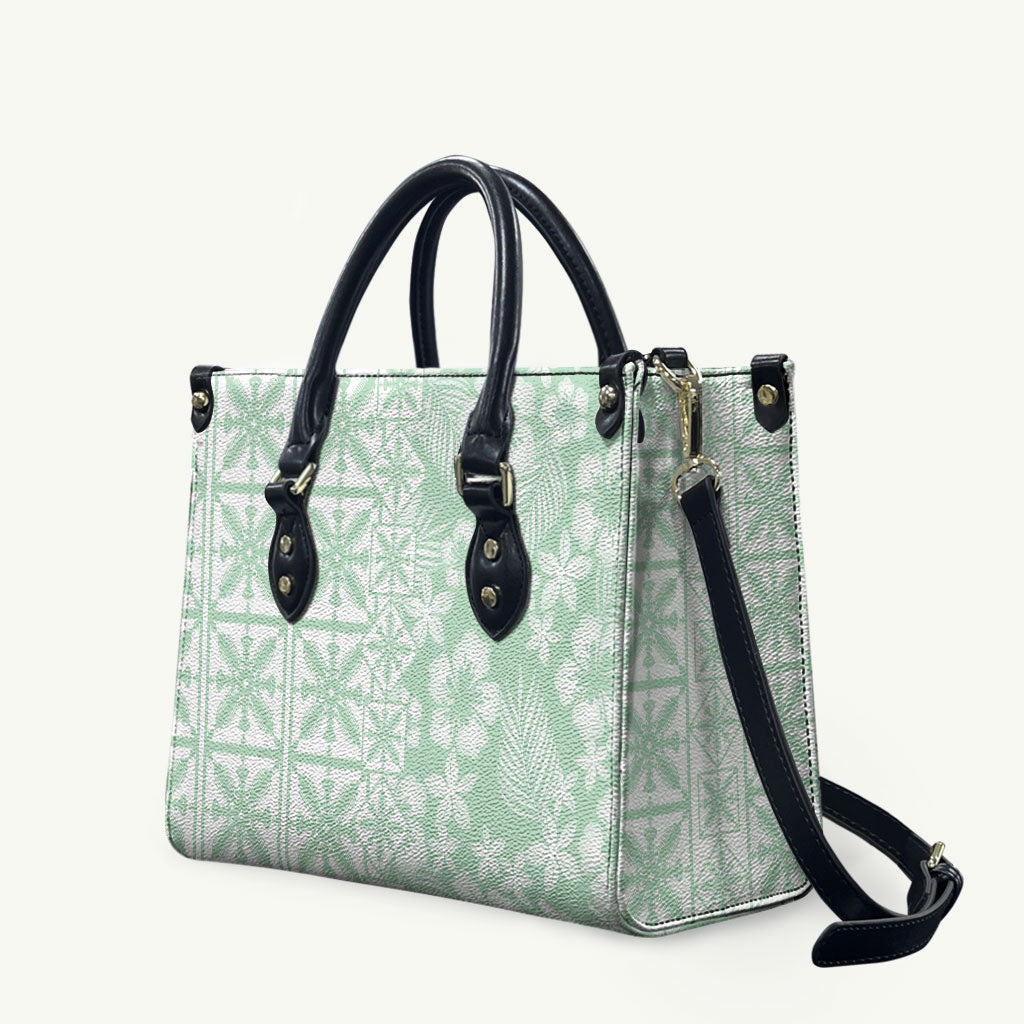 Pastel Green Kahili Quilt Hawaii Leather Bag Tropical Flower Seamless Half Style LT14 Green - Polynesian Pride