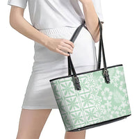Pastel Green Kahili Quilt Hawaii Leather Tote Bag Tropical Flower Seamless Half Style