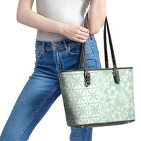 Pastel Green Kahili Quilt Hawaii Leather Tote Bag Tropical Flower Seamless Half Style
