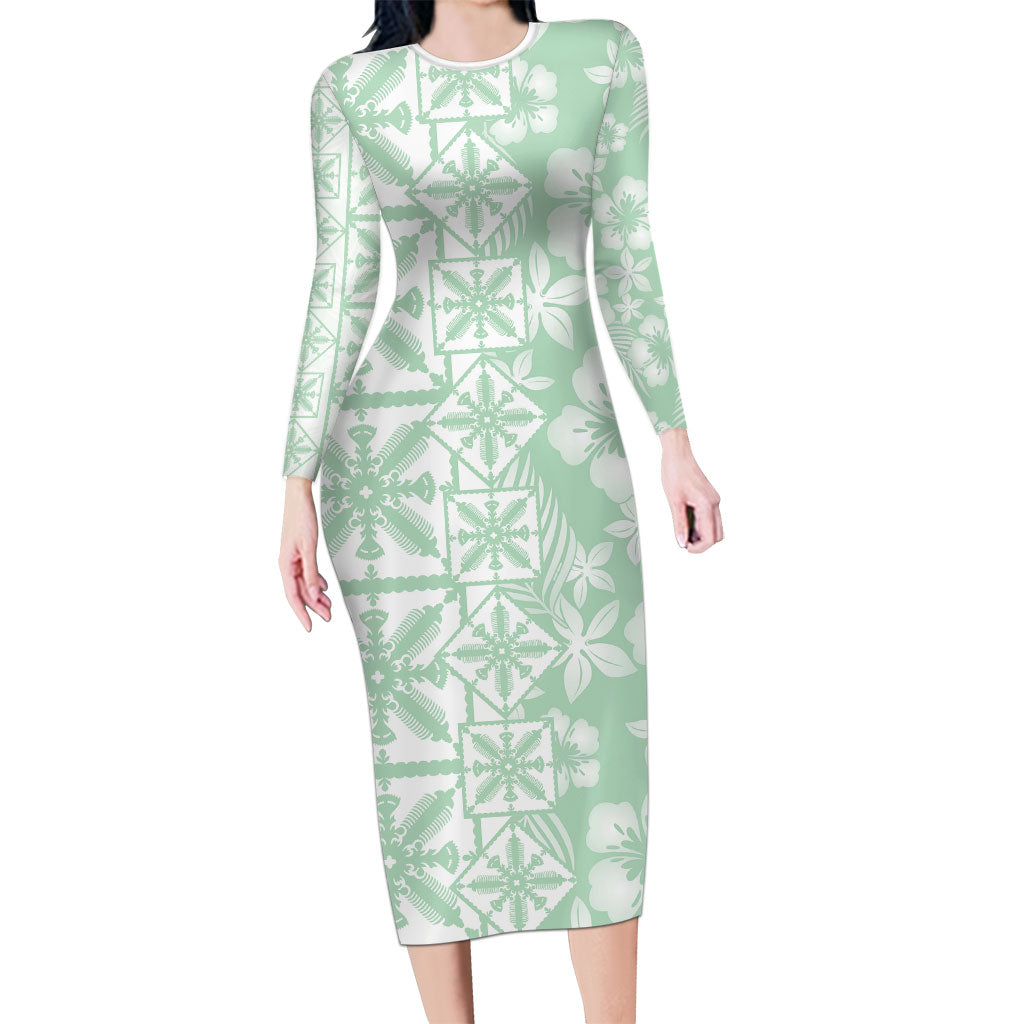 Pastel Green Kahili Quilt Hawaii Long Sleeve Bodycon Dress Tropical Flower Seamless Half Style LT14 Long Dress Green - Polynesian Pride