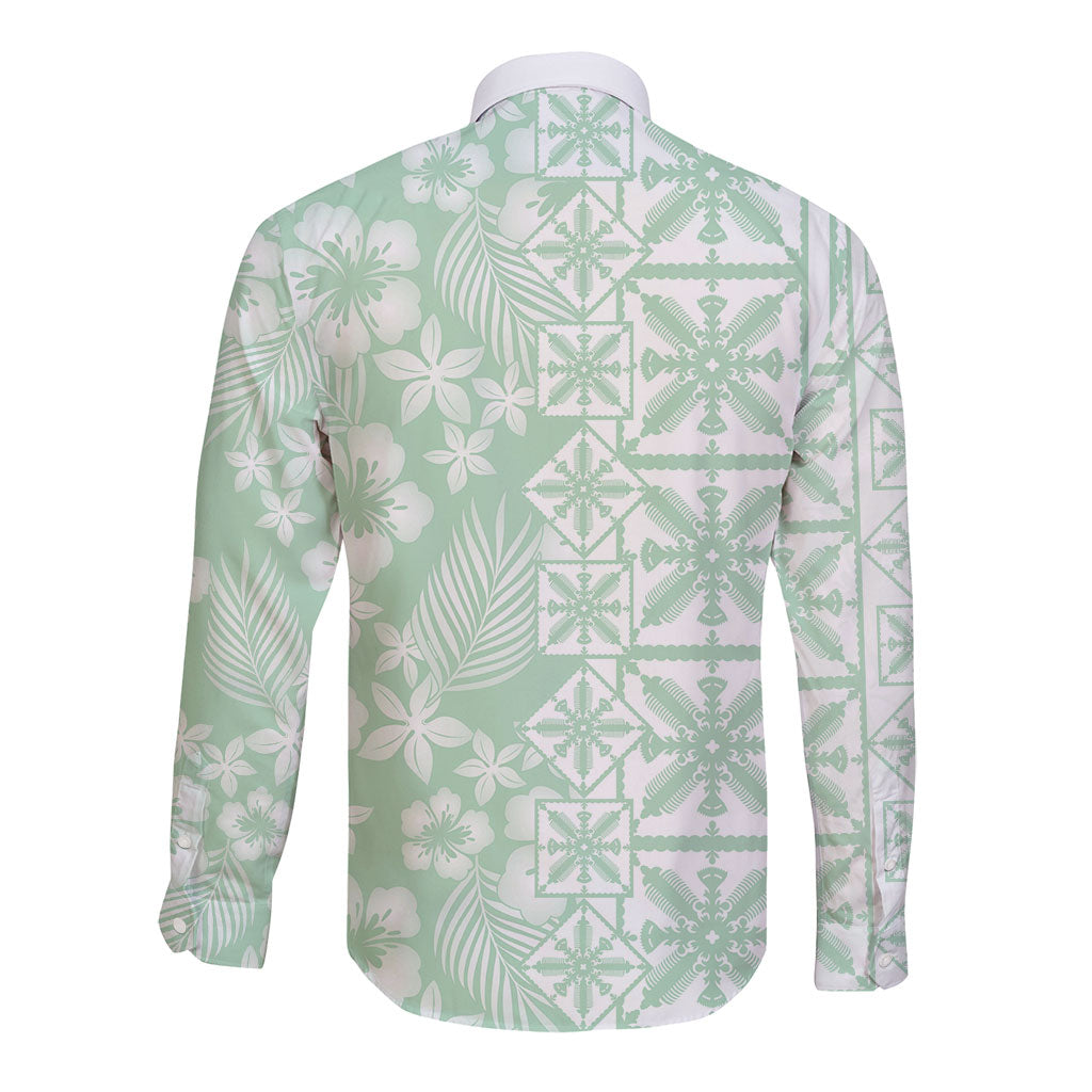Pastel Green Kahili Quilt Hawaii Long Sleeve Button Shirt Tropical Flower Seamless Half Style