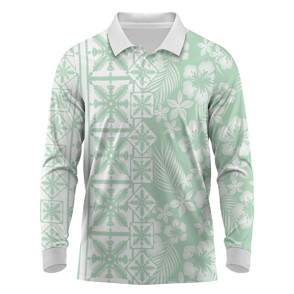 Pastel Green Kahili Quilt Hawaii Long Sleeve Polo Shirt Tropical Flower Seamless Half Style