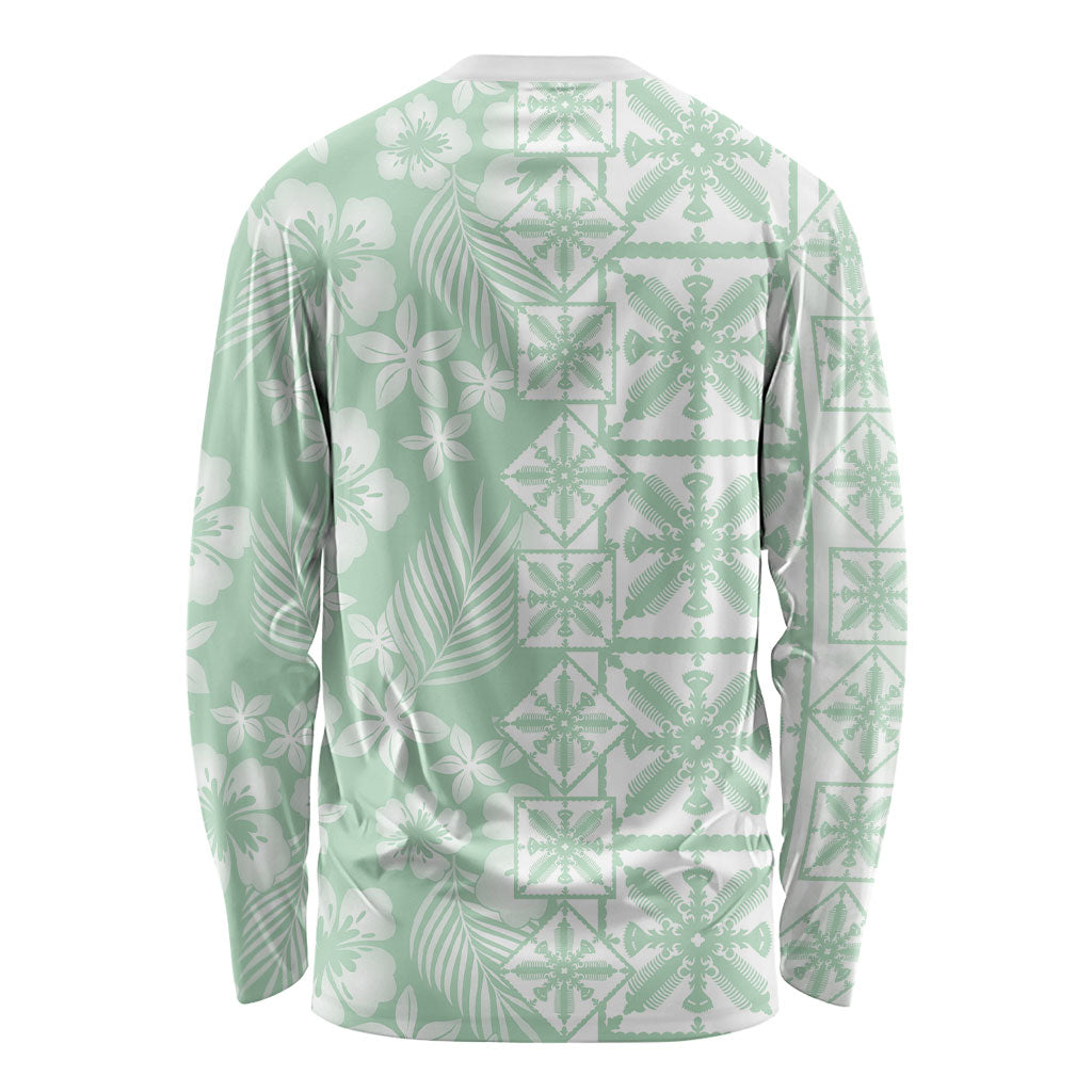 Pastel Green Kahili Quilt Hawaii Long Sleeve Shirt Tropical Flower Seamless Half Style