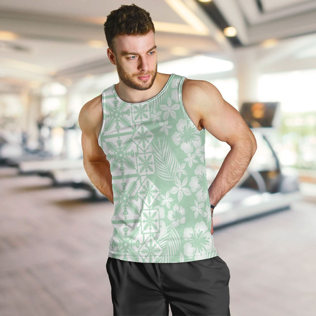 Pastel Green Kahili Quilt Hawaii Men Tank Top Tropical Flower Seamless Half Style LT14 Green - Polynesian Pride
