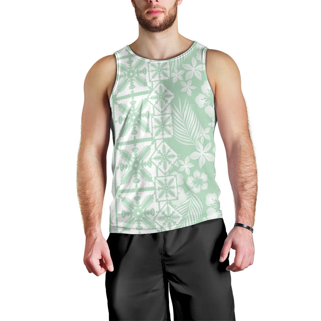 Pastel Green Kahili Quilt Hawaii Men Tank Top Tropical Flower Seamless Half Style